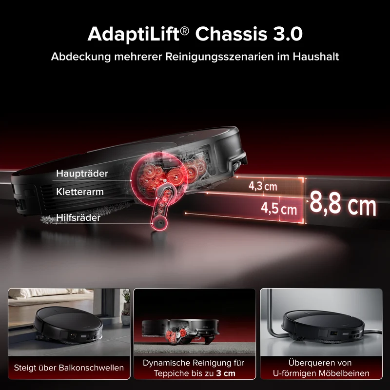 Roborock Saros 20 – AdaptiLift™ Chassis 3.0 für die reibungslose Überwindung von Schwellen, mit einer Saugkraft von 36.000 Pa