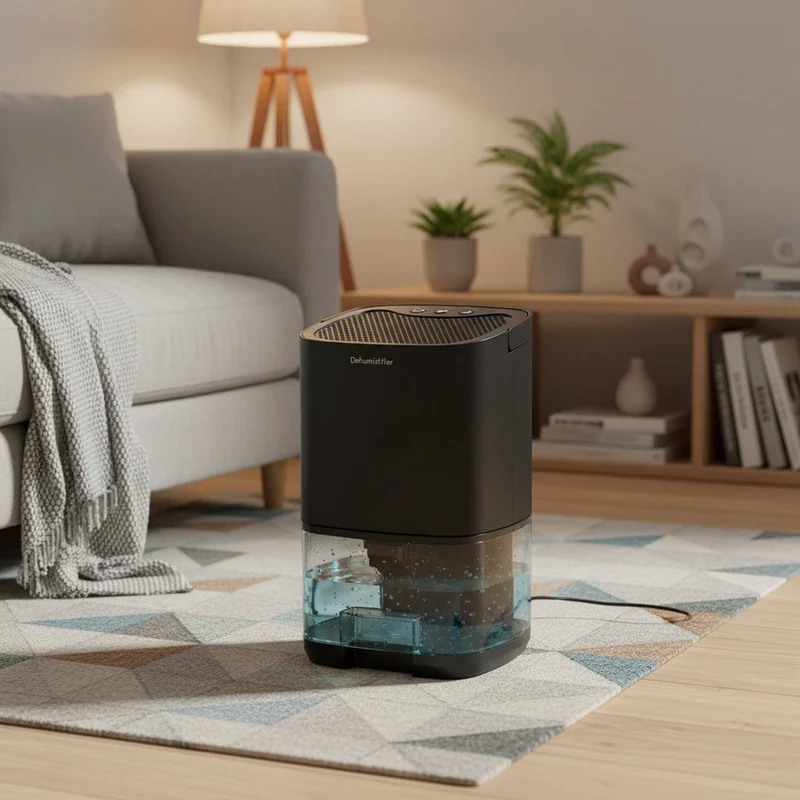 Portable Compact Air Dehumidifier with a Transparent Tank and Moisture Removal