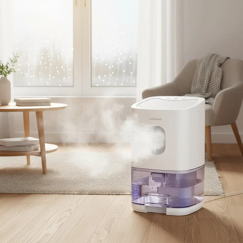 Portable Compact Air Dehumidifier with a Transparent Tank and Moisture Removal