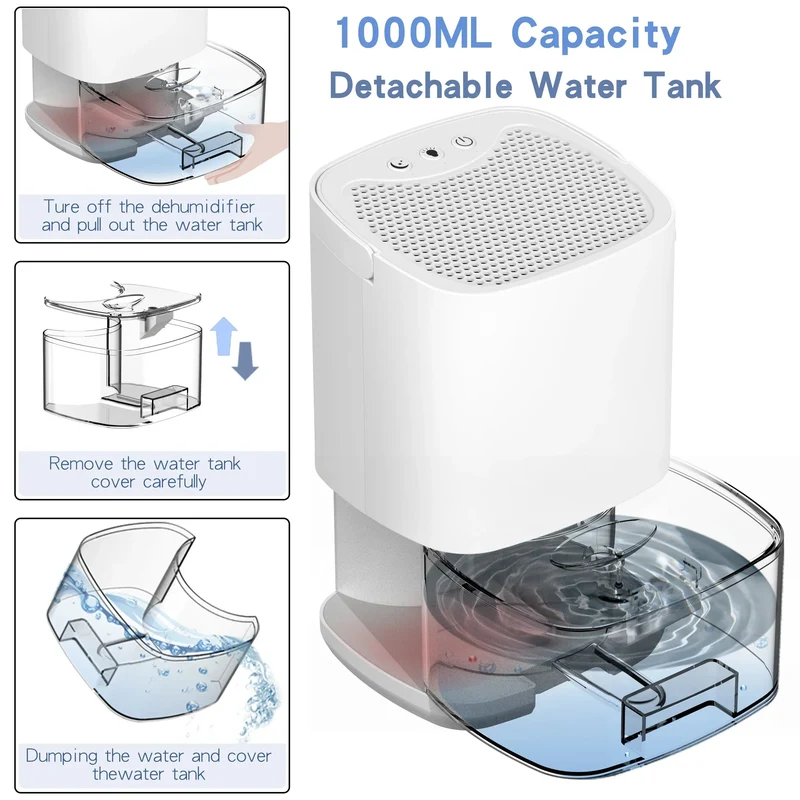 Air Dehumidifier with Moisture Removal and Ionization, 1000ml Tank, LED Night Light