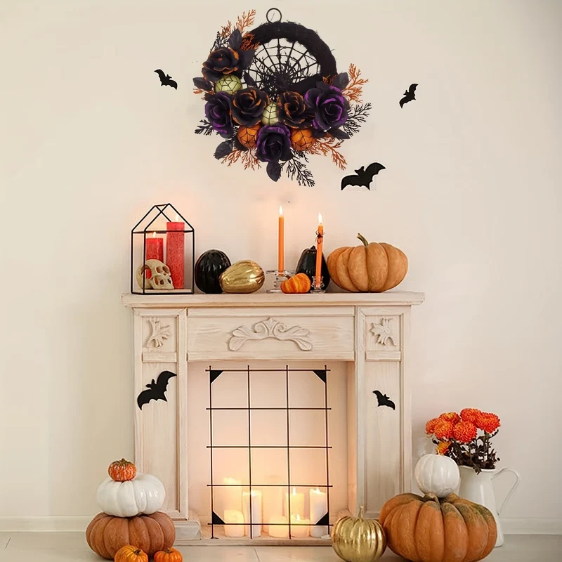 Halloween Decorative Wreath with Artificial Roses and Cobweb for the Door