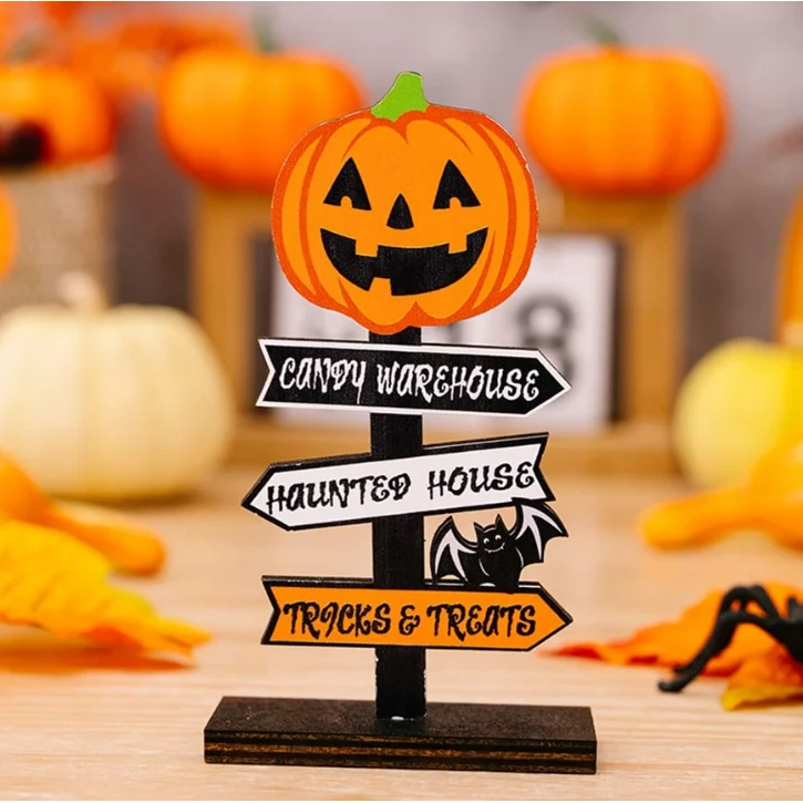 Halloween Wooden Signpost Decorations with Directional Arrows and Tabletop Text Labels