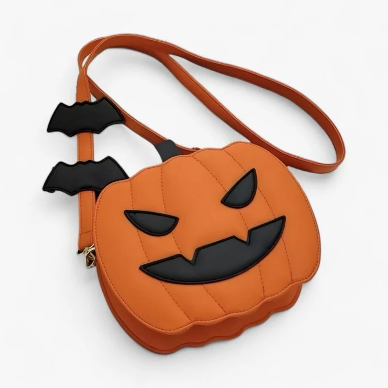 Halloween Women’s Pumpkin-Shaped Shoulder Bag, Large Crossbody Bag with Bats