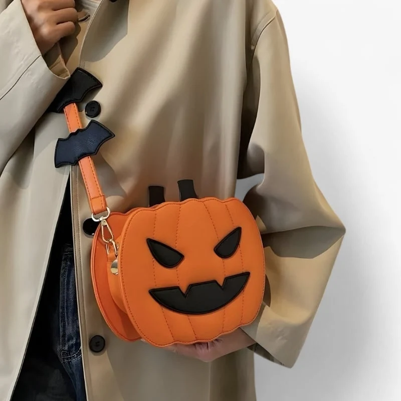 Halloween Women’s Pumpkin-Shaped Shoulder Bag, Large Crossbody Bag with Bats