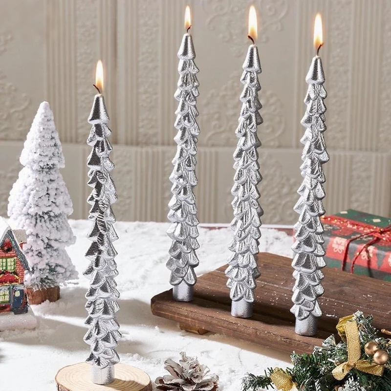 Hand-texturierte Weihnachtsbaum-Stabkerzen-Set für Feiertagsmittelstücke