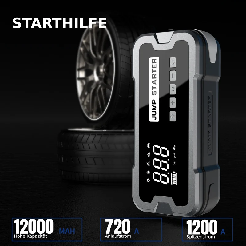 4-in-1 STARTHILFE, LUFTPUMPE, POWERBANK, TASCHENLAMPE