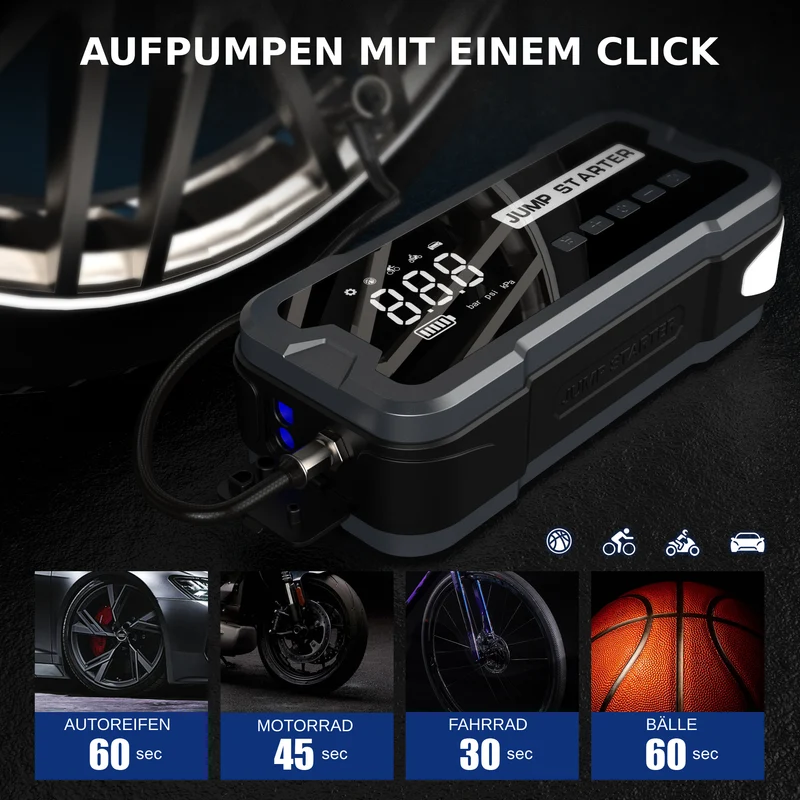 4-in-1 STARTHILFE, LUFTPUMPE, POWERBANK, TASCHENLAMPE