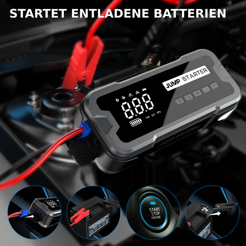 4-in-1 STARTHILFE, LUFTPUMPE, POWERBANK, TASCHENLAMPE
