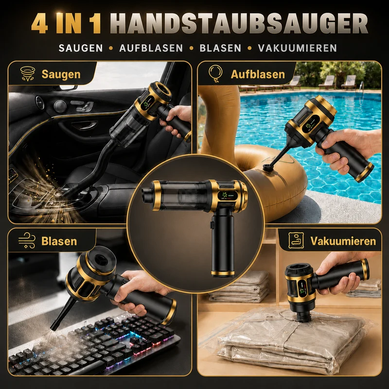 Handstaubsauger, 27000Pa Akku staubsauger,mit Bürstenloser Motor, 3-Gang Mini Auto Kabellos Staubsauger für Auto, Büro Genutzt, Haus, Küche(Schwarz)