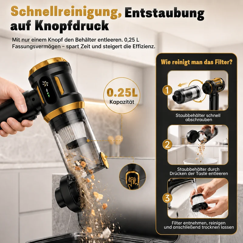 Handstaubsauger, 27000Pa Akku staubsauger,mit Bürstenloser Motor, 3-Gang Mini Auto Kabellos Staubsauger für Auto, Büro Genutzt, Haus, Küche(Schwarz)