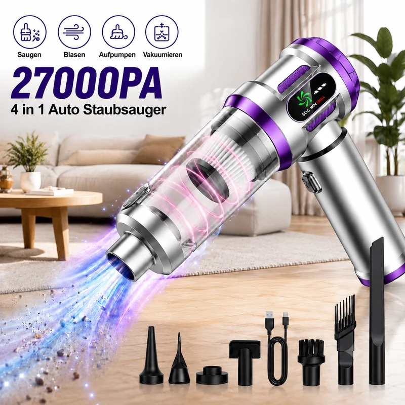 27000Pa/120W Handstaubsauger Akku Kabellos, Upgrade Beutelloser Mini Auto Staubsauger, 4-in-1 Handsauger mit HEPA Filter & 3Stufen,für Auto & Haushalt