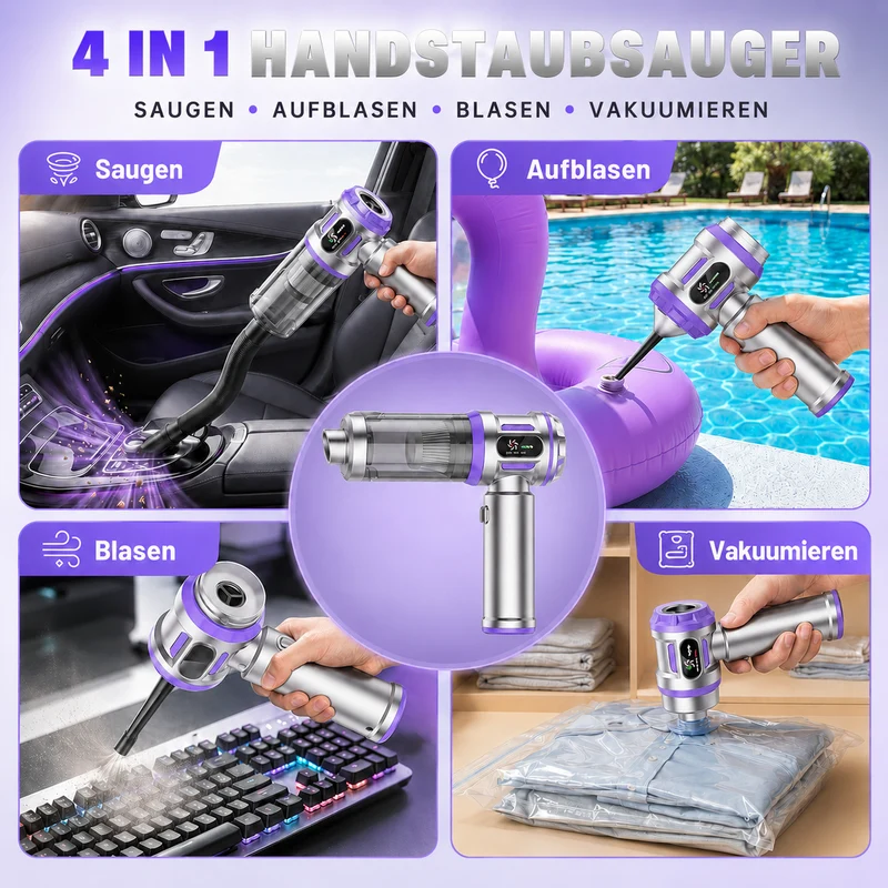 27000Pa/120W Handstaubsauger Akku Kabellos, Upgrade Beutelloser Mini Auto Staubsauger, 4-in-1 Handsauger mit HEPA Filter & 3Stufen,für Auto & Haushalt
