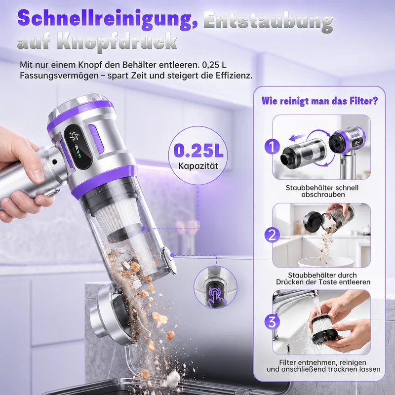 27000Pa/120W Handstaubsauger Akku Kabellos, Upgrade Beutelloser Mini Auto Staubsauger, 4-in-1 Handsauger mit HEPA Filter & 3Stufen,für Auto & Haushalt