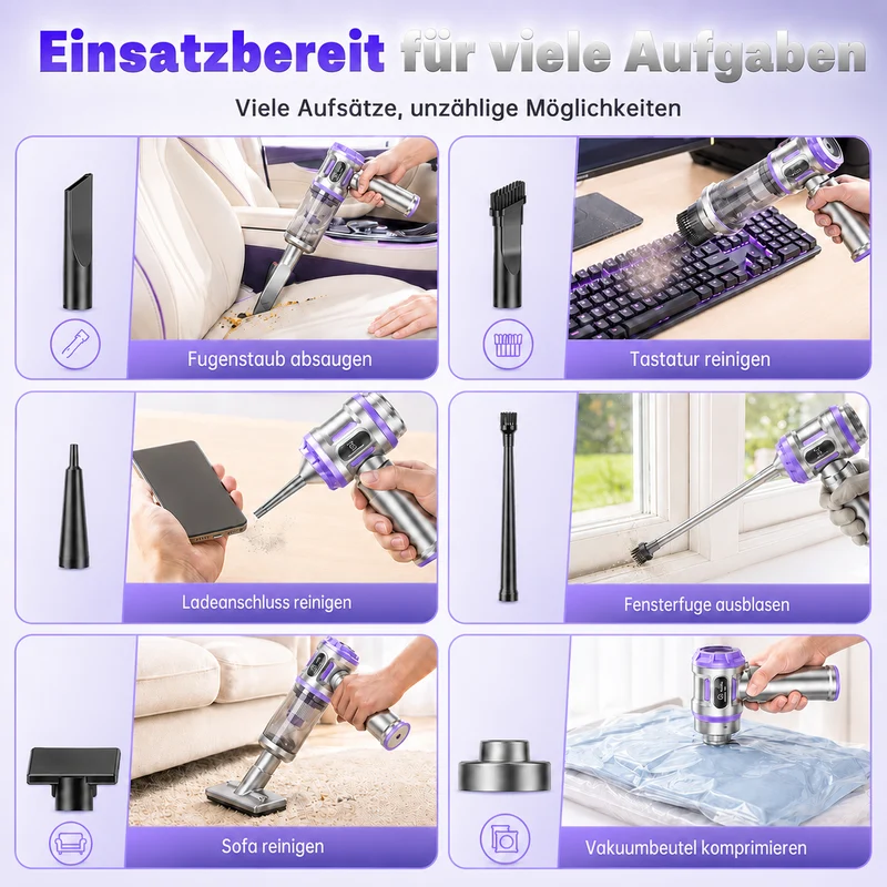 27000Pa/120W Handstaubsauger Akku Kabellos, Upgrade Beutelloser Mini Auto Staubsauger, 4-in-1 Handsauger mit HEPA Filter & 3Stufen,für Auto & Haushalt