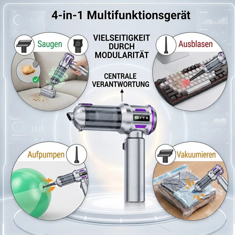 4-in-1 Handstaubsauger, kabelloser Autostaubsauger, 80.000 U/min Bürstenloser Motor, 22 kPa Saugleistung, 3 Stufen, LED anzeige, für Auto Haushalt PC