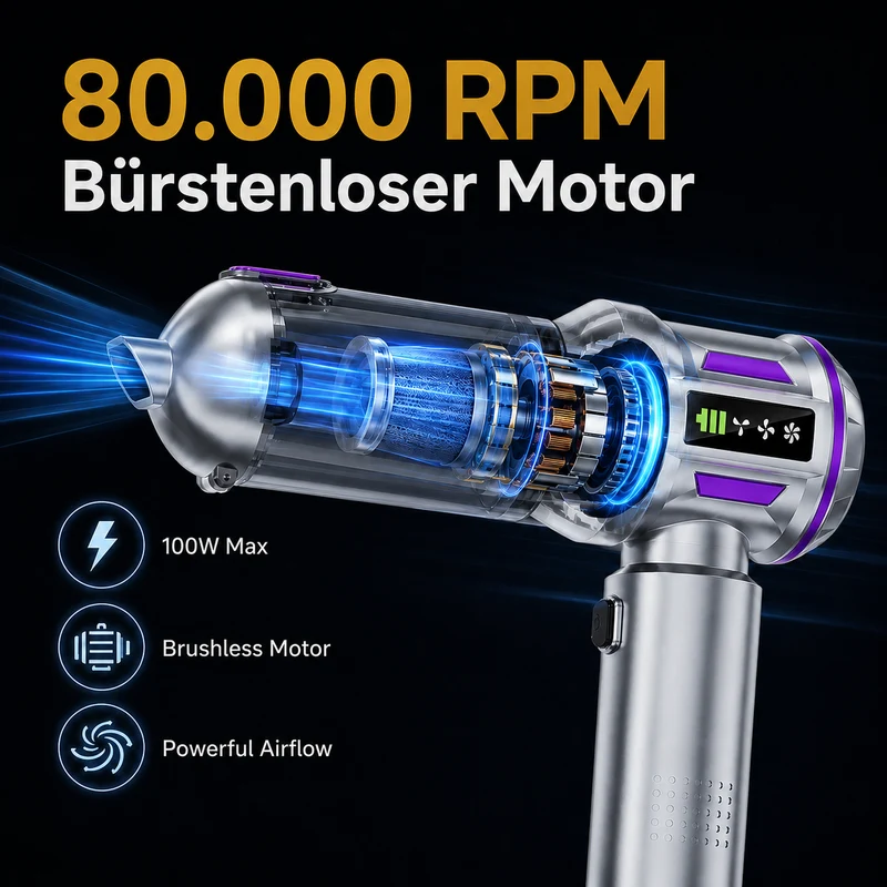 4-in-1 Handstaubsauger, kabelloser Autostaubsauger, 80.000 U/min Bürstenloser Motor, 22 kPa Saugleistung, 3 Stufen, LED anzeige, für Auto Haushalt PC