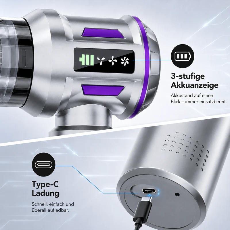 4-in-1 Handstaubsauger, kabelloser Autostaubsauger, 80.000 U/min Bürstenloser Motor, 22 kPa Saugleistung, 3 Stufen, LED anzeige, für Auto Haushalt PC
