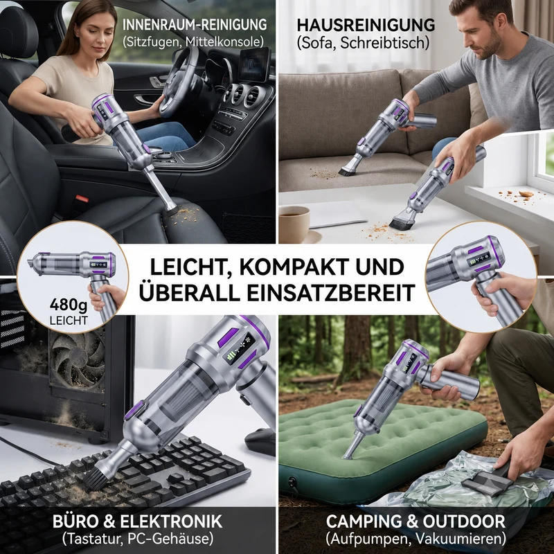 4-in-1 Handstaubsauger, kabelloser Autostaubsauger, 80.000 U/min Bürstenloser Motor, 22 kPa Saugleistung, 3 Stufen, LED anzeige, für Auto Haushalt PC