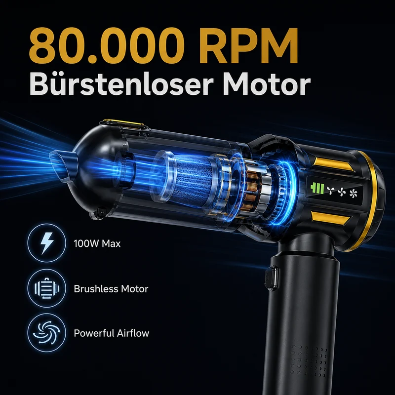 4 in 1 Autostaubsauger Akku, Kabelloser Handstaubsauger, 80.000 U/min Bürstenloser Motor, 22kPa Saugleistung, 3 Stufen, LED anzeige, für Auto Haushalt