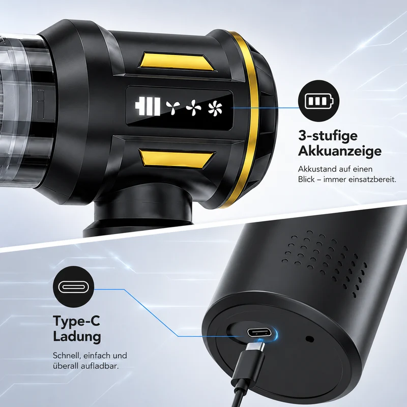 4 in 1 Autostaubsauger Akku, Kabelloser Handstaubsauger, 80.000 U/min Bürstenloser Motor, 22kPa Saugleistung, 3 Stufen, LED anzeige, für Auto Haushalt