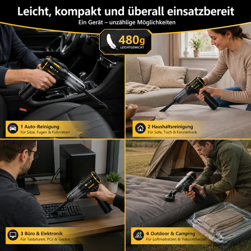 4 in 1 Autostaubsauger Akku, Kabelloser Handstaubsauger, 80.000 U/min Bürstenloser Motor, 22kPa Saugleistung, 3 Stufen, LED anzeige, für Auto Haushalt