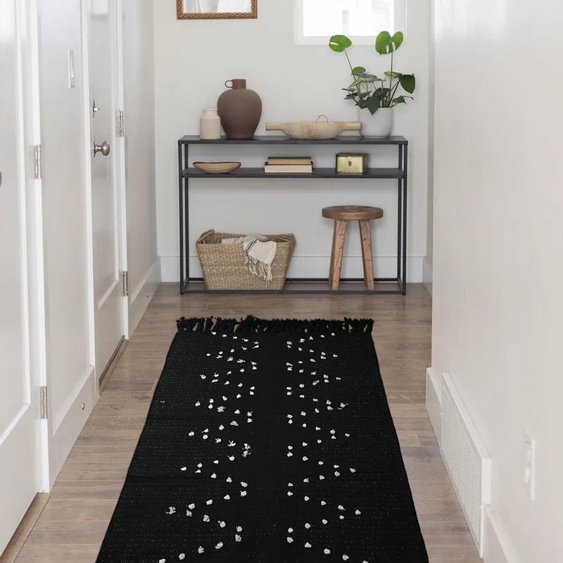 handgewebter Wohnzimmer-Teppich mit Fransen und geometrischem Lochmuster Karnz