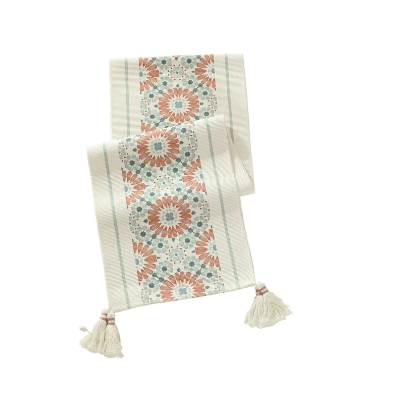 Handgewebter dekorativer Tischläufer mit Ikat-Jacquard und Quasten Karnz