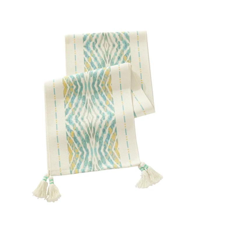 Handgewebter dekorativer Tischläufer mit Ikat-Jacquard und Quasten Karnz