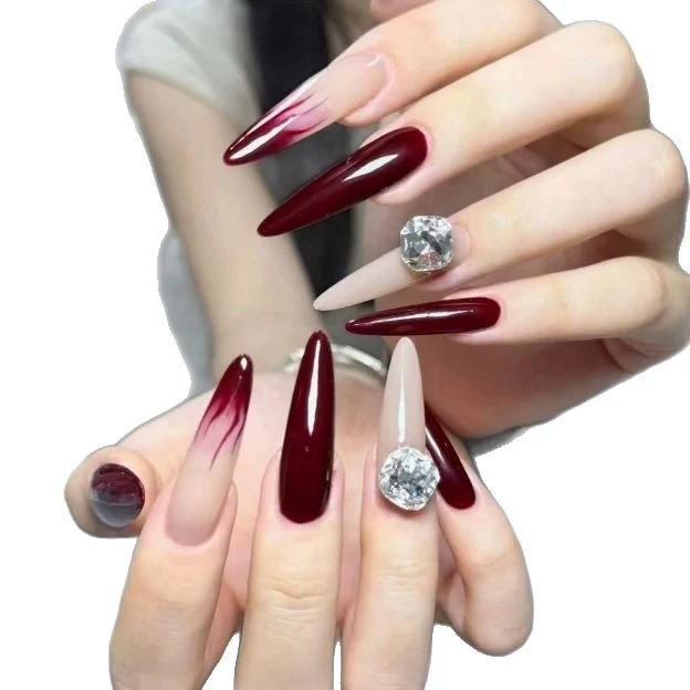 Elegante Stiletto Nagelverbesserungen mit Edelsteinakzenten Karnz