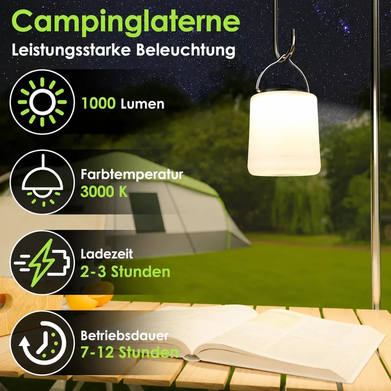 2er Campinglampe Wiederaufladbar, Camping Laterne, 3000K Warmweiß Licht, Helligkeit Einstellbar 3 Lichtmodi, 10+Std.Betriebsdauer Wasserdichte