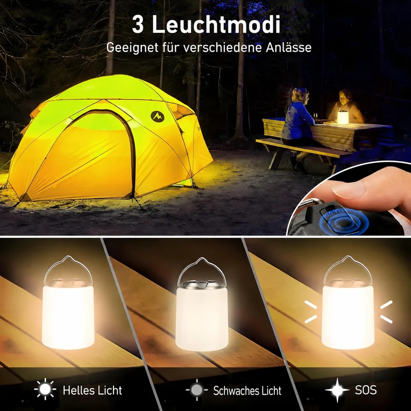 2er Campinglampe Wiederaufladbar, Camping Laterne, 3000K Warmweiß Licht, Helligkeit Einstellbar 3 Lichtmodi, 10+Std.Betriebsdauer Wasserdichte