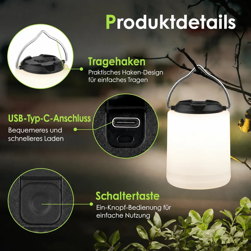 2er Campinglampe Wiederaufladbar, Camping Laterne, 3000K Warmweiß Licht, Helligkeit Einstellbar 3 Lichtmodi, 10+Std.Betriebsdauer Wasserdichte