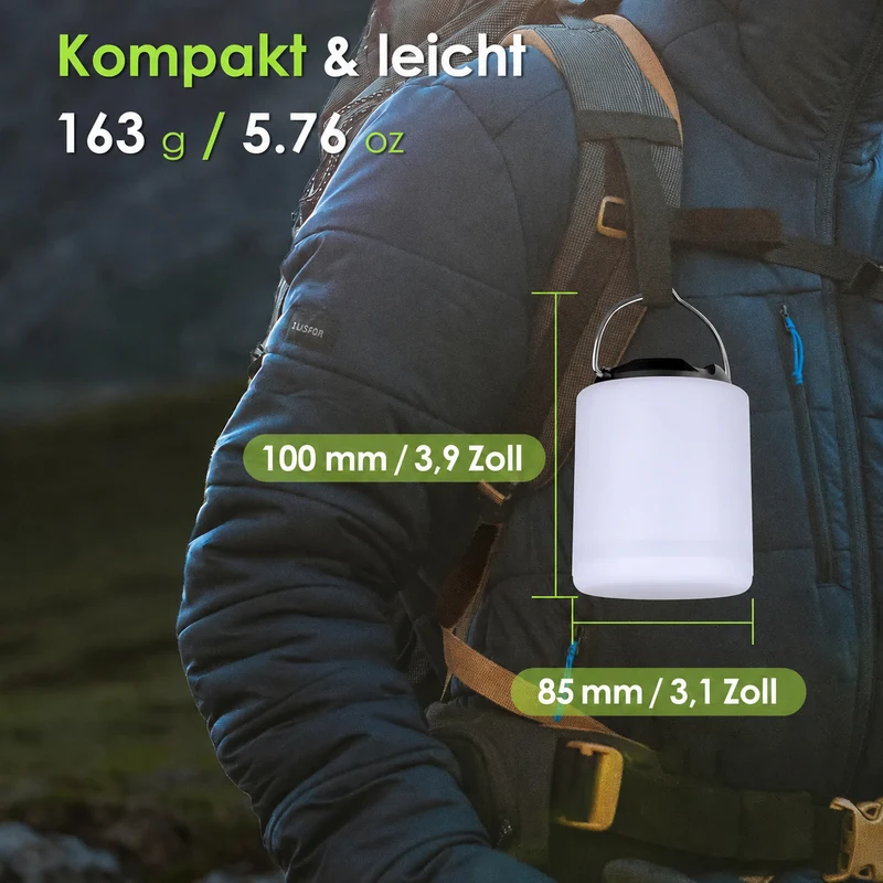 2er Campinglampe Wiederaufladbar, Camping Laterne, 3000K Warmweiß Licht, Helligkeit Einstellbar 3 Lichtmodi, 10+Std.Betriebsdauer Wasserdichte