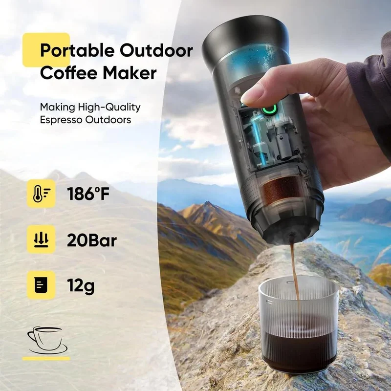 3-IN-1 Tragbare Kaffeemaschine, 20 BAR Druck, Schnellaufheizen in 10s, Wieder-aufladbar, Lange Akkulaufzeit, Für Cam-ping und Reis