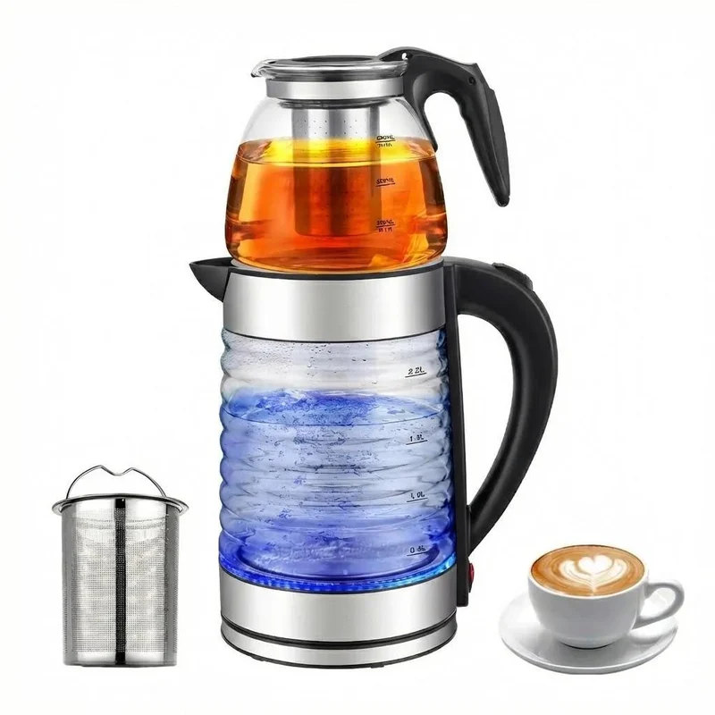 2-in-1 Tee-Set mit Wasserkocher, 3 Liter Kapazität, Glaskocher für Tee & Kaffee, 1500W Abschaltautomatik, Trockengehschutz, LED-Beleuchtung, 360° Basis