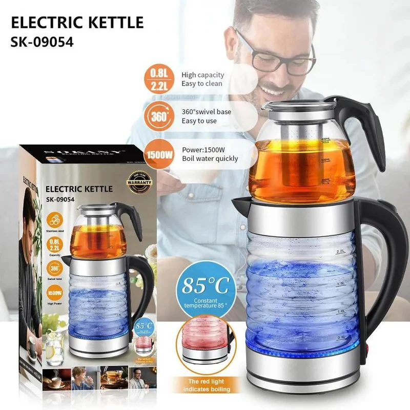2-in-1 Tee-Set mit Wasserkocher, 3 Liter Kapazität, Glaskocher für Tee & Kaffee, 1500W Abschaltautomatik, Trockengehschutz, LED-Beleuchtung, 360° Basis