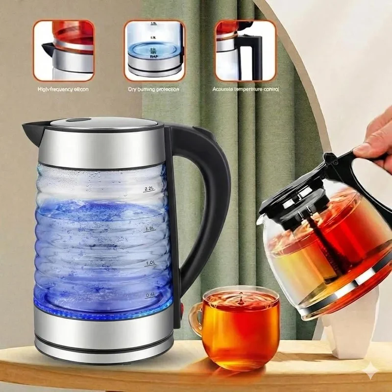 2-in-1 Tee-Set mit Wasserkocher, 3 Liter Kapazität, Glaskocher für Tee & Kaffee, 1500W Abschaltautomatik, Trockengehschutz, LED-Beleuchtung, 360° Basis