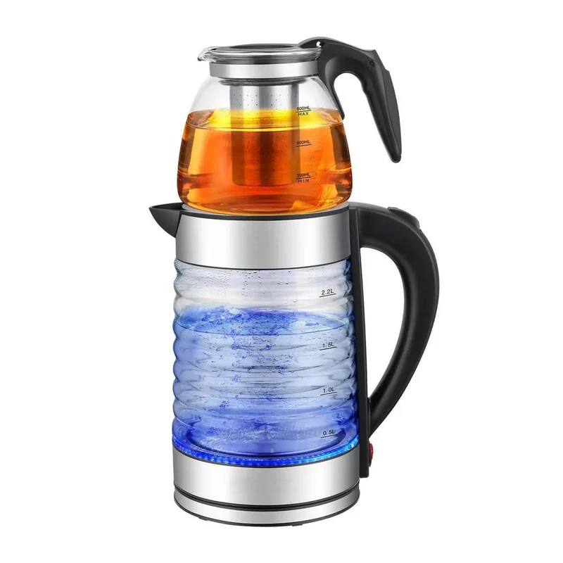 2-in-1 Tee-Set mit Wasserkocher, 3 Liter Kapazität, Glaskocher für Tee & Kaffee, 1500W Abschaltautomatik, Trockengehschutz, LED-Beleuchtung, 360° Basis