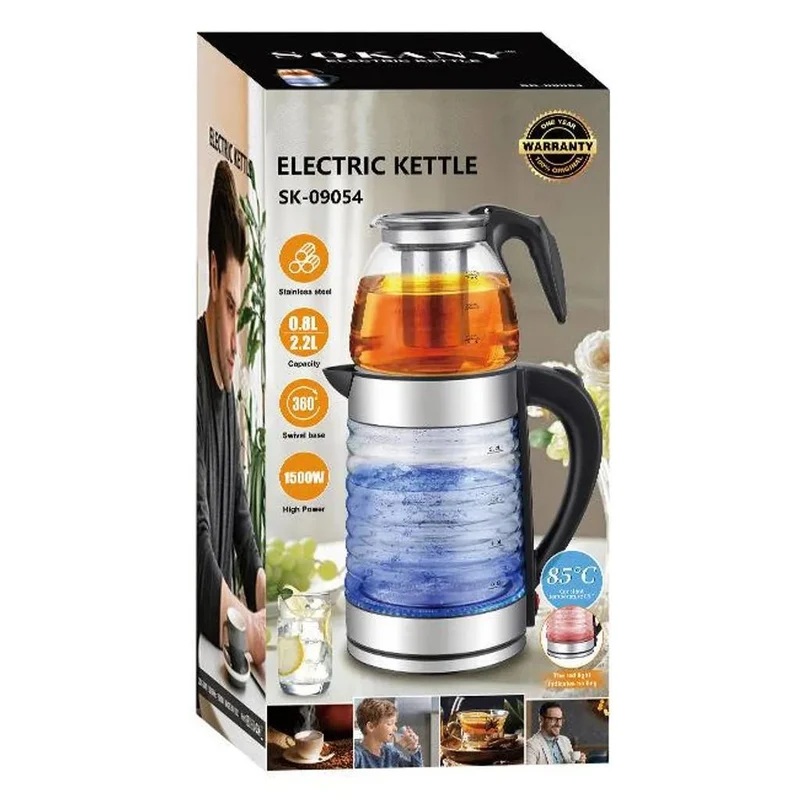 2-in-1 Tee-Set mit Wasserkocher, 3 Liter Kapazität, Glaskocher für Tee & Kaffee, 1500W Abschaltautomatik, Trockengehschutz, LED-Beleuchtung, 360° Basis