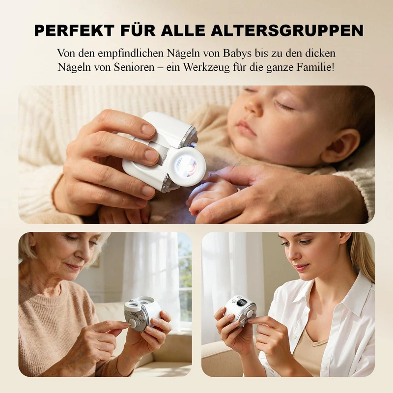 3 in 1 Elektrischer Nageltrimmer, mit Lupe und LED Licht, 3 Stufen, Dual-Klinge, Polieren und Schleifen, wiederaufladbar, für alle Altersgruppen