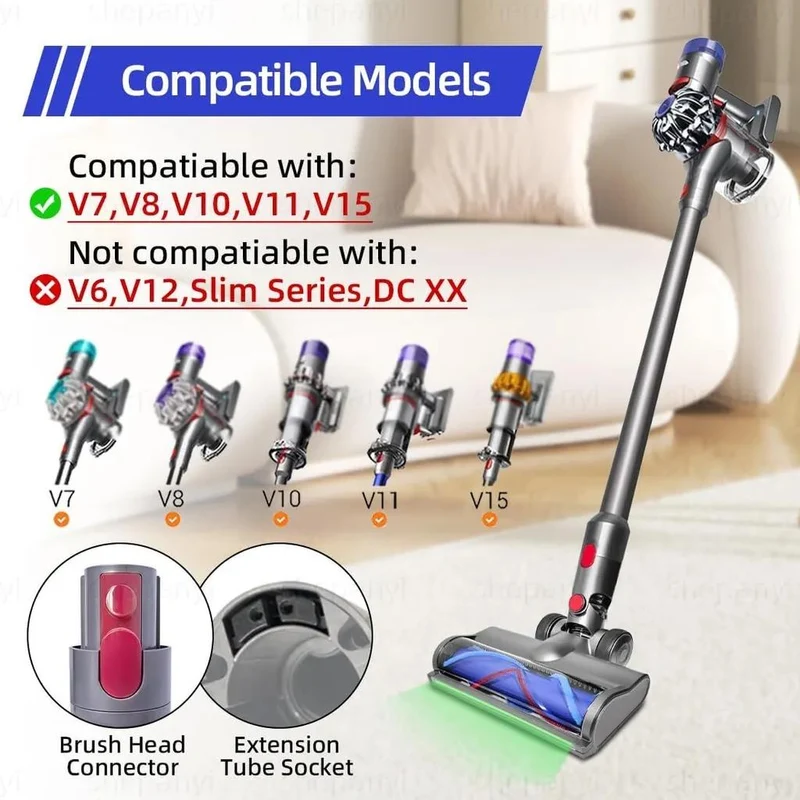 Bürste für Dyson V7 V8 V10 V11 V15 Staubsauger, Kopf-Ersatzteile mit grünen LED,Turbinenbürstenaufsatz für Teppiche, Hartholzböden und Fliesen