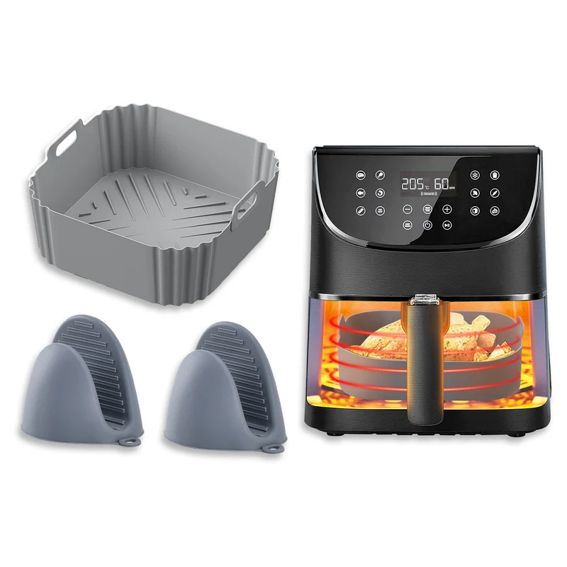 Heißluftfritteuse Zubehör Set Silikon, Backform + Ofenhandschuhe, Lebensmittelecht & Sicher, Hitzebeständig 230℃, Rutschfest, für Airfryer Backofen