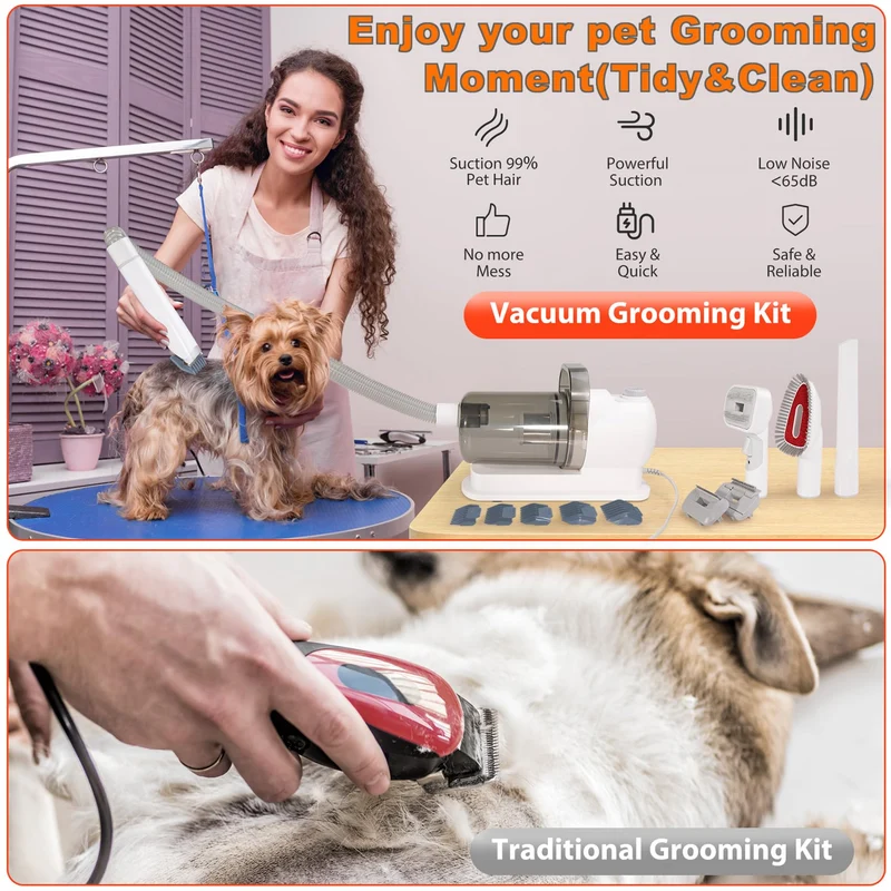 Pet Grooming Vacuum, Haustier Grooming Set 10000Pa Saugkraft, 300W Tierhaar Sauger Leise 65dB, Fellpflege Set für Hunde Katzen, Tierhaarschneider