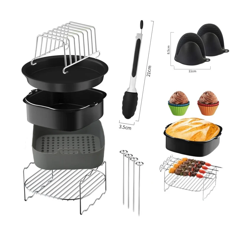 Ninja AF180 Heißluftfritteuse Zubehör Set 12-teilig – Backtopf, Pizzaform, Steak Grillrost, Mehrschichtiger Grillrost, Toastständer, Ölsprüher, Silikonpinsel, Zange & Silikonhandschuhe