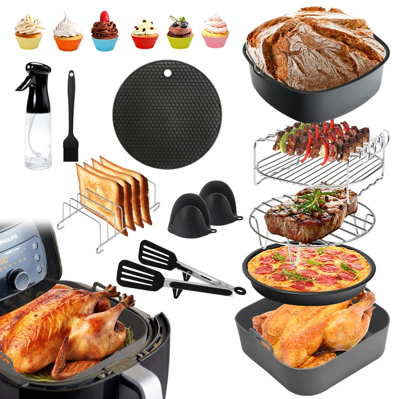 Ninja AF180 Heißluftfritteuse Zubehör Set 12-teilig – Backtopf, Pizzaform, Steak Grillrost, Mehrschichtiger Grillrost, Toastständer, Ölsprüher, Silikonpinsel, Zange & Silikonhandschuhe