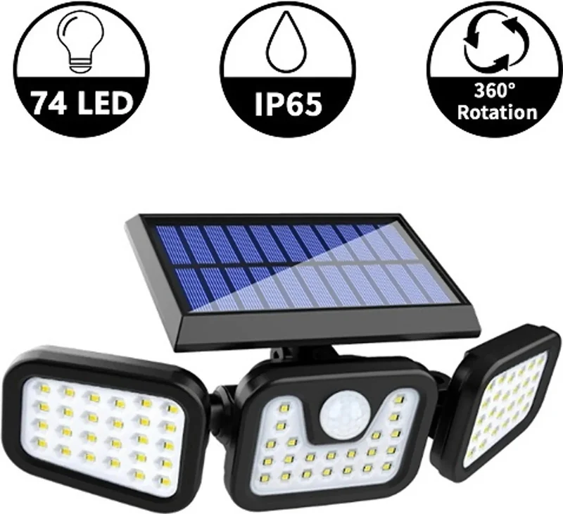 Solarlampen für außen mit Bewegungsmelder, Solarleuchten für außen, LED Strahler Außen, 74LED Aussenleuchte, Solar Außenwandleuchten, 360° Drehbar