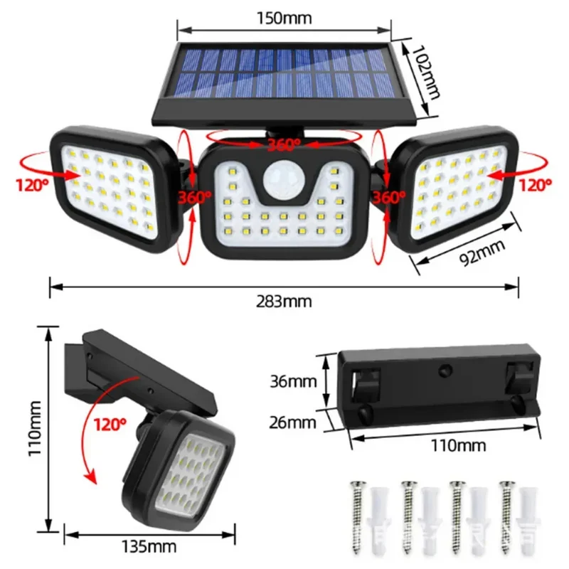 Solarlampen für außen mit Bewegungsmelder, Solarleuchten für außen, LED Strahler Außen, 74LED Aussenleuchte, Solar Außenwandleuchten, 360° Drehbar