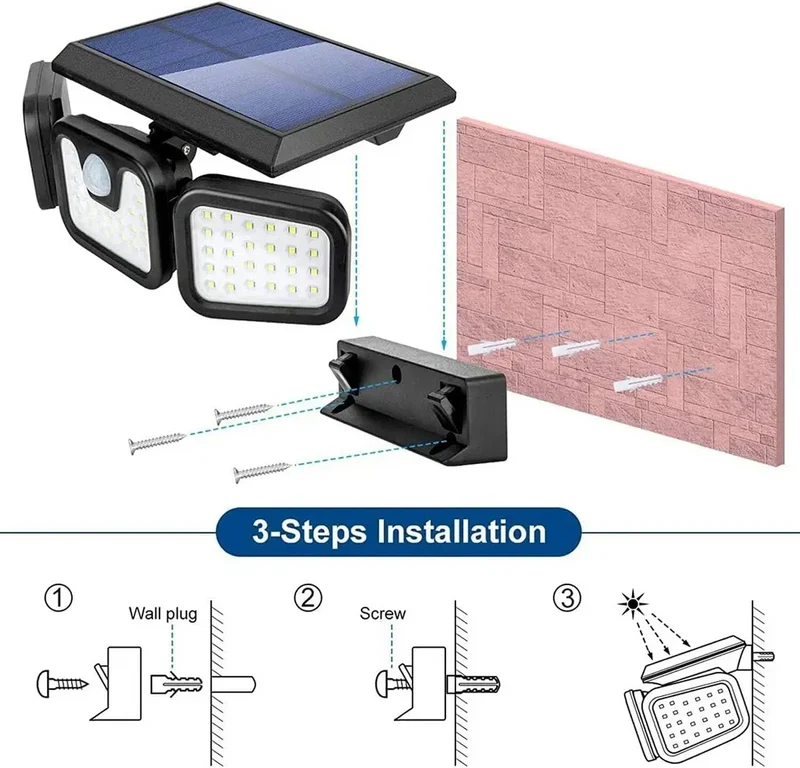 Solarlampen für außen mit Bewegungsmelder, Solarleuchten für außen, LED Strahler Außen, 74LED Aussenleuchte, Solar Außenwandleuchten, 360° Drehbar