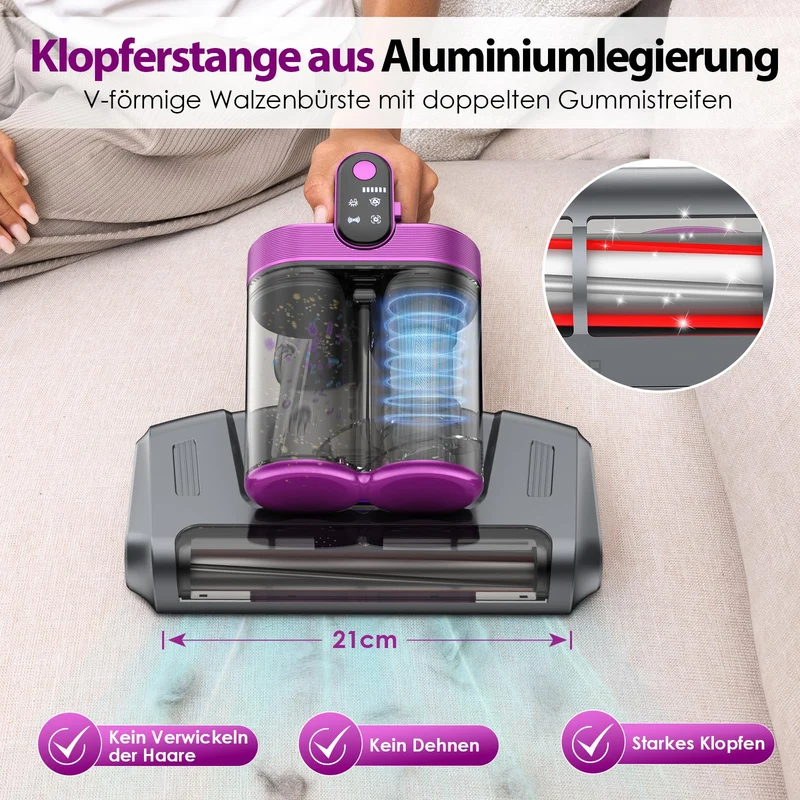 Kabelloser Milbensauger, 13000Pa Staubsauger für Matratzen, 253.7nm UV-C Licht Milbenentferner, HEPA-Filter Handstaubsauger mit Doppelbehälter