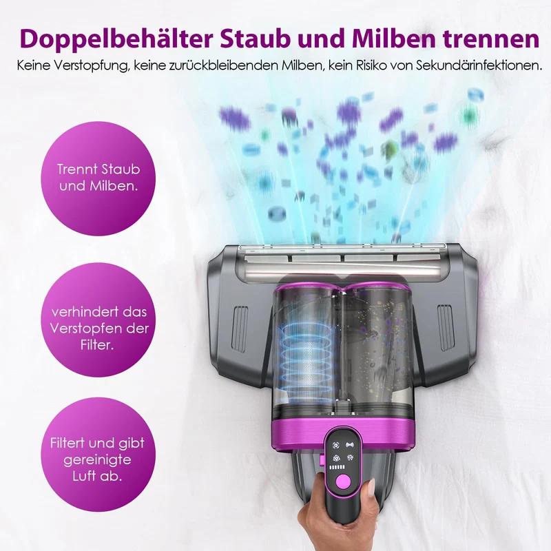 Kabelloser Milbensauger, 13000Pa Staubsauger für Matratzen, 253.7nm UV-C Licht Milbenentferner, HEPA-Filter Handstaubsauger mit Doppelbehälter